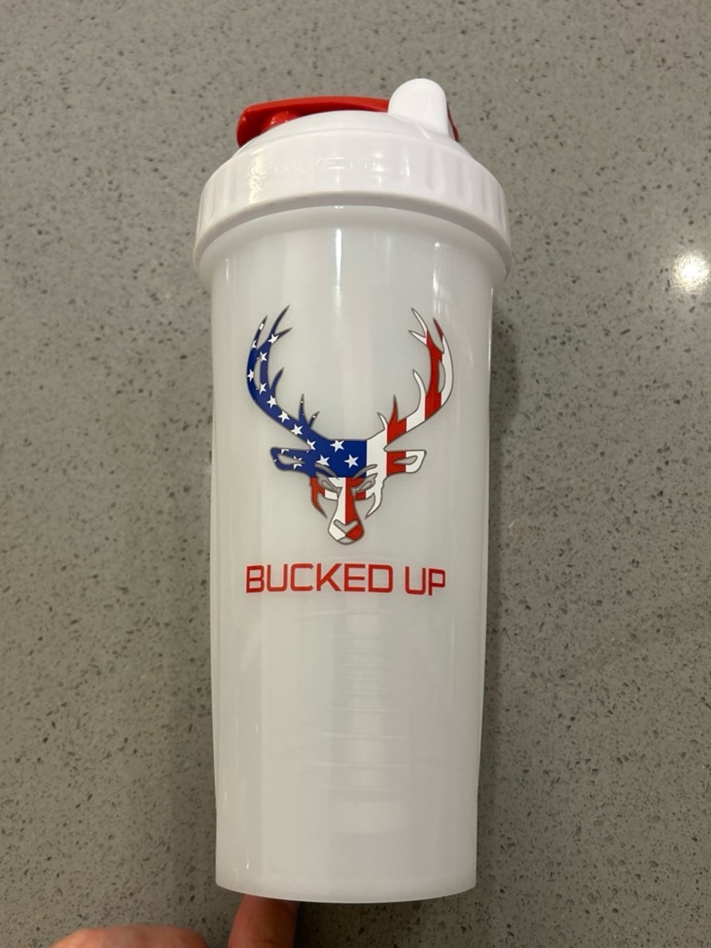 Bucked Up White & Red Shaker Bottle with Patriotic Deer Logo